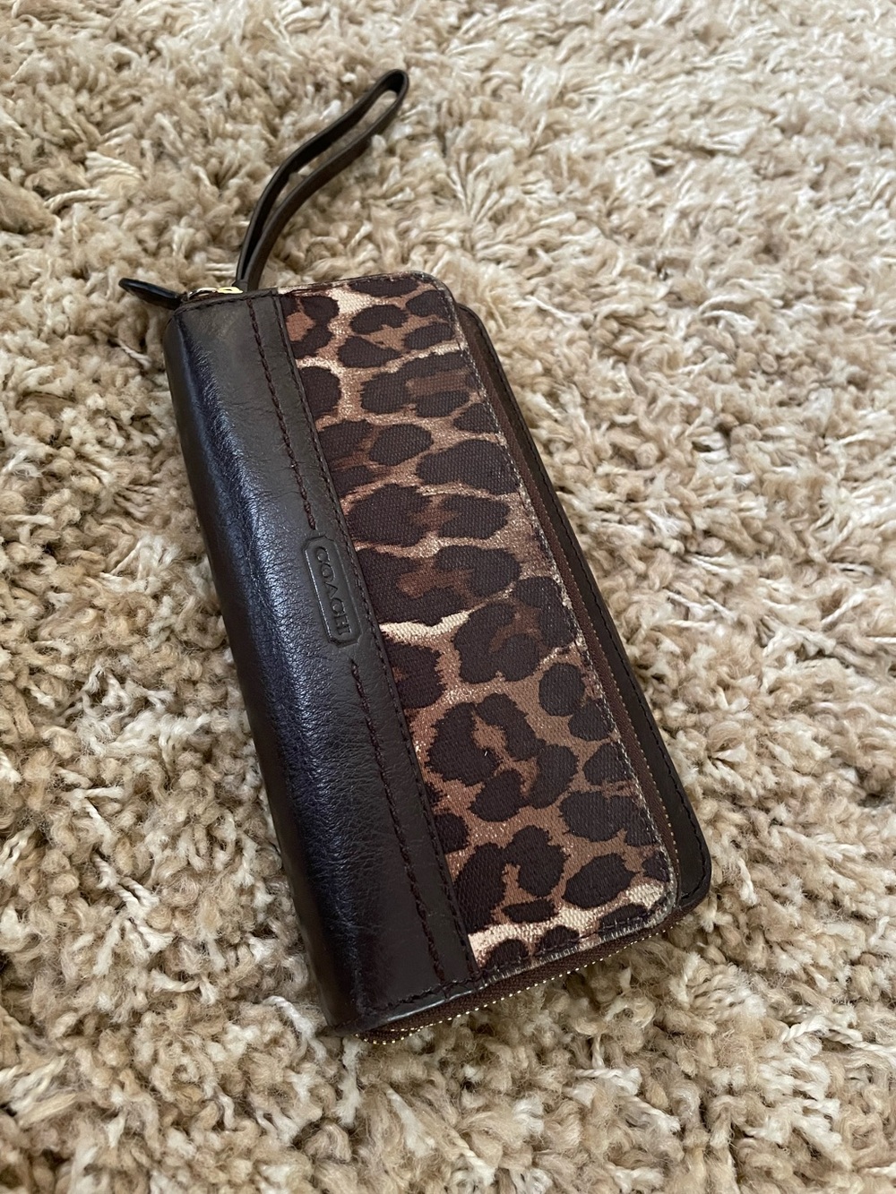 Coach Leopard-Print Zip Wallet in Dark Brown and Tan